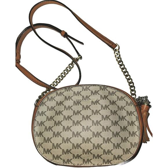 Michael Kors Ginny Small Oval Monogrammed Crossbody Bag Brown - Picture 4 of 13